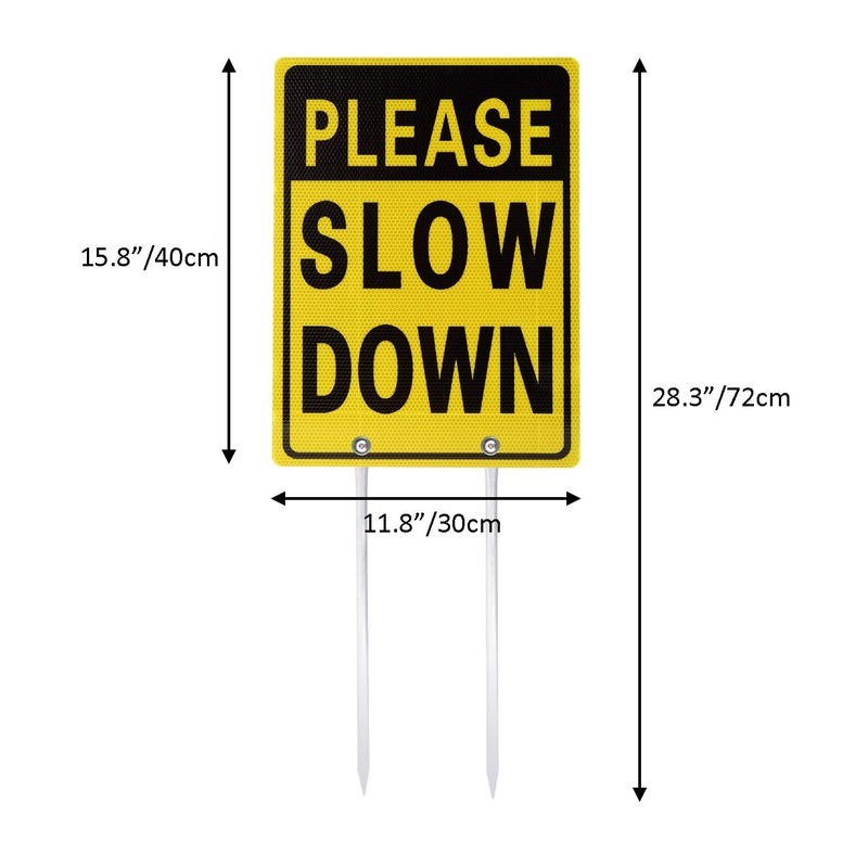 Kichwit Please Slow Down Sign, 16 Inch x 12 Inch/28 Inch High, Double Sided Aluminum Reflective Slow Down Sign with Metal Stakes - Image 2